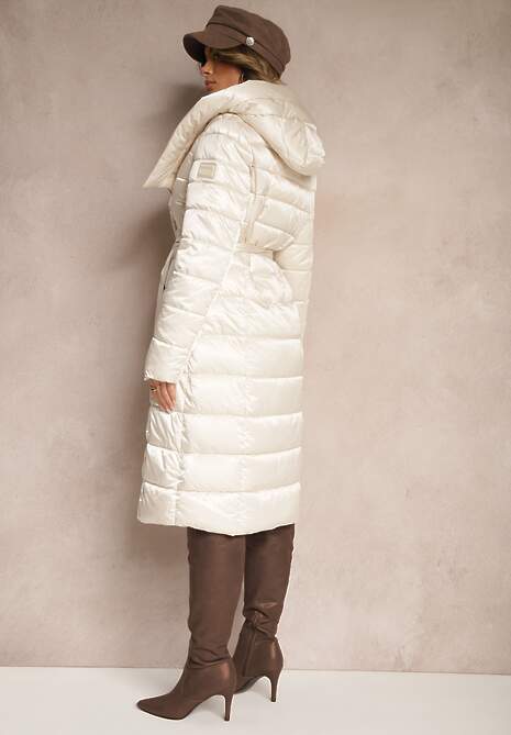 Jasnobeżowa Asymetryczna Kurtka z Pikowanym Przeszyciem Kapturem i Wiązanym Paskiem Tilisia