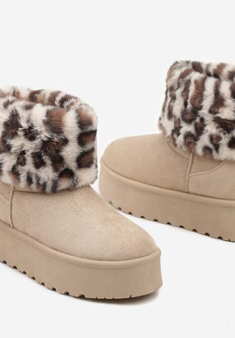 Beżowe Śniegowce z Imitacji Zamszu na Platformie z Futrzaną Cholewką w Panterkowy Wzór Reanithra