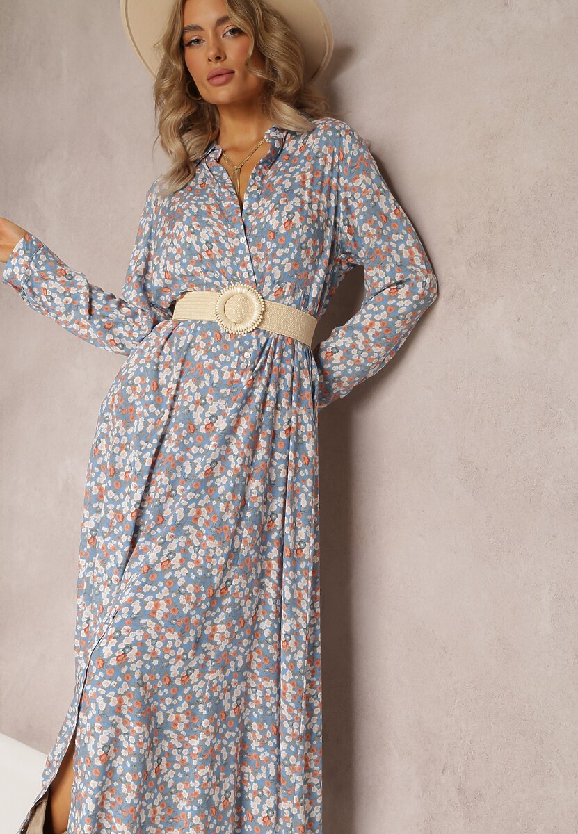 Niebieska Kwiecista Sukienka z Kołnierzem i Długimi Rękawami Nataski