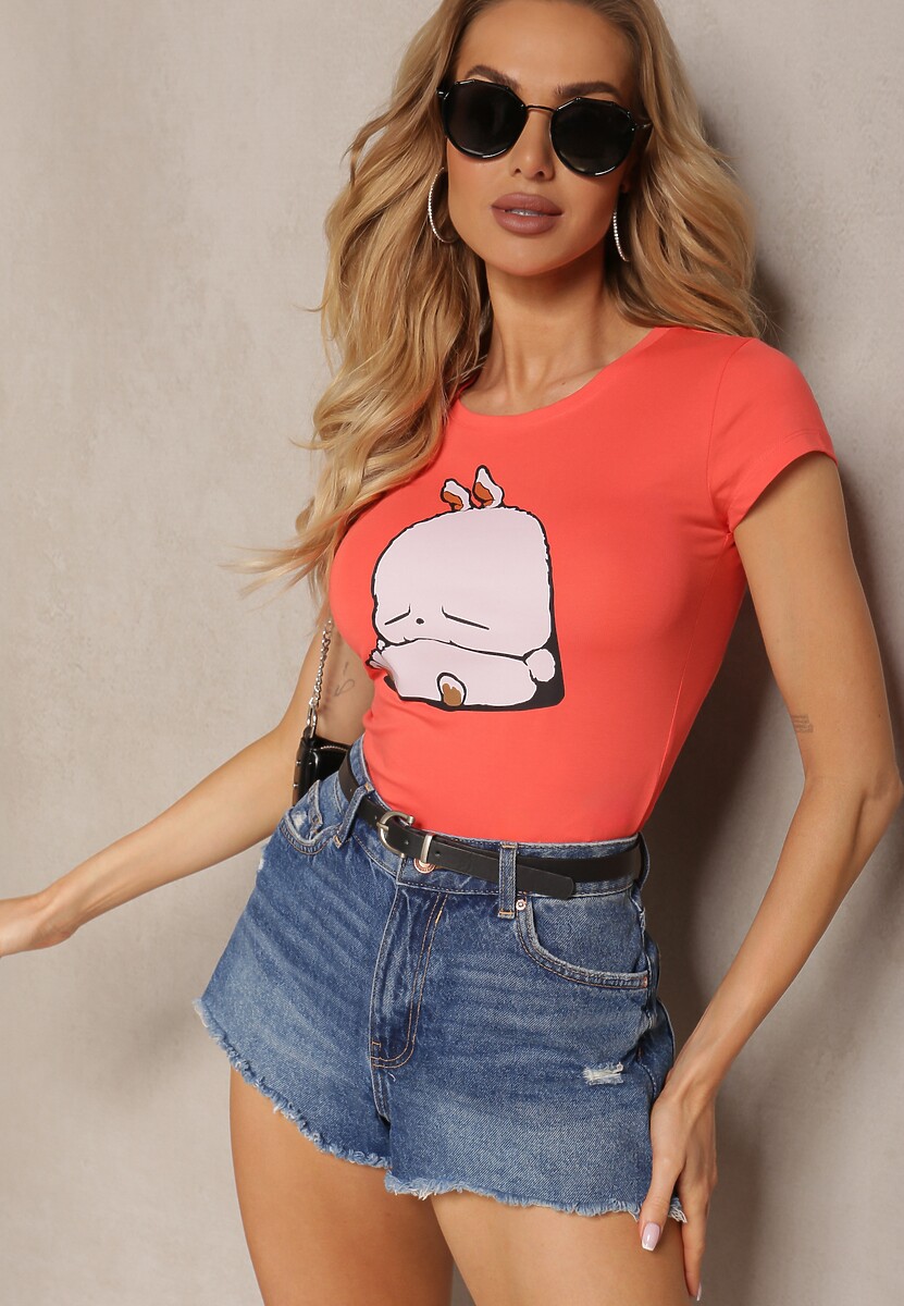 Jasnozielony T-shirt z Bawełny z Ozdobnym Nadrukiem Janesto