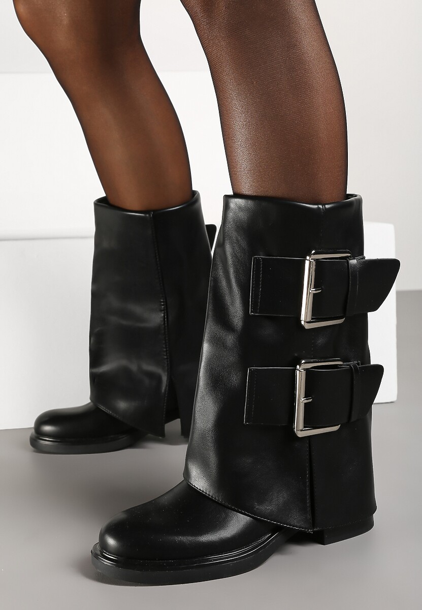Czarne Botki z Cholewką Imitującą Nogawkę Ozdobione Klamrami Asintana