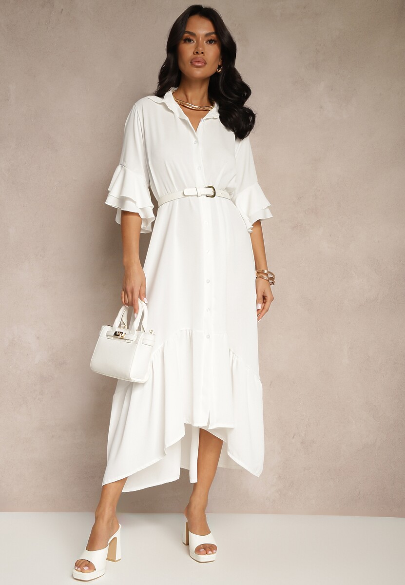 Biała Koszulowa Sukienka Ozdobiona Falbanką Ransara