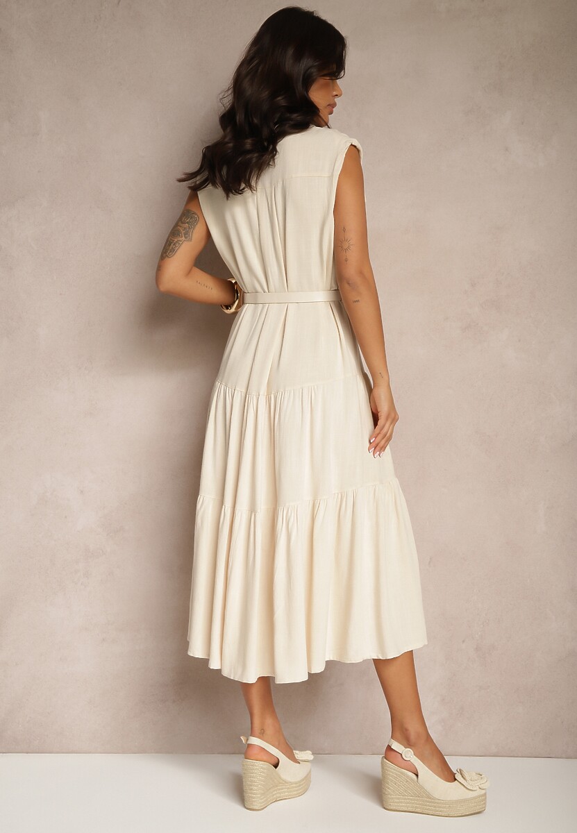 Beżowa Wiskozowa Sukienka Koszulowa z Bawełną i Paskiem Artebia