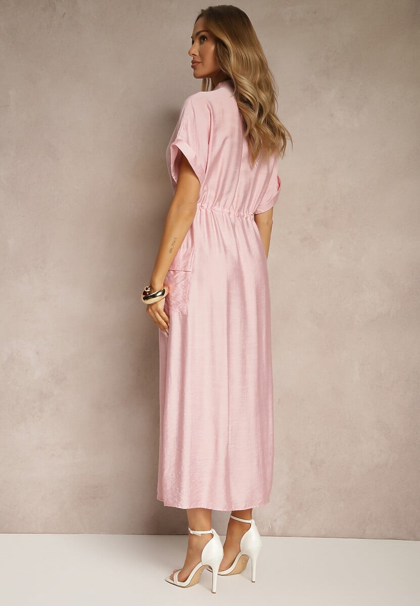 Różowa Sukienka z Wiskozą o Koszulowym Kroju z Wiązaniem w Pasie Pollivia