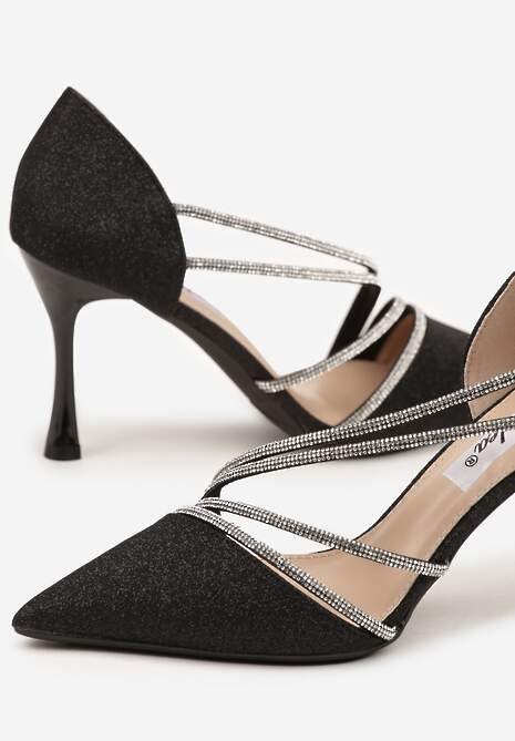 Czarne Brokatowe Szpilki z Cyrkoniowym Zdobieniem Dolerra