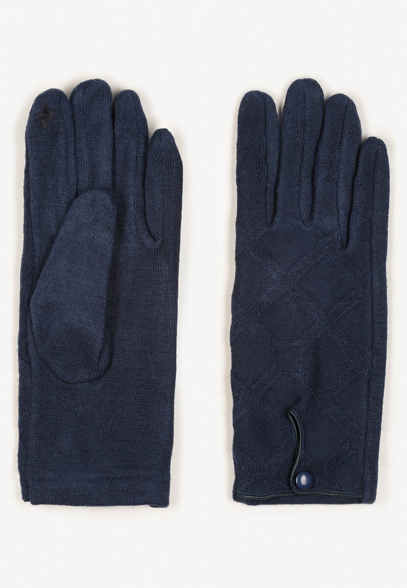 Granatowe  Rękawiczki z Bawełną Ozdobione Rombami i Guzikiem Fenemi