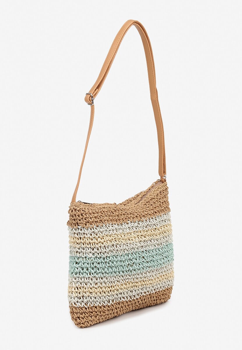 Beżowo-Niebieska Pleciona Torebka z Koralikami i Frędzlami Ardells