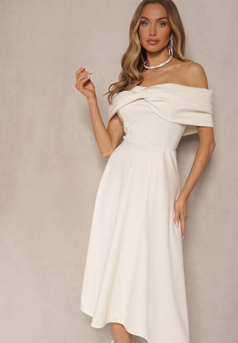 Beżowa Sukienka Rozkloszowana Ozdobiona Kokardą Odarra