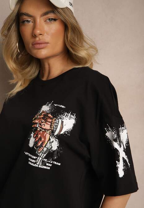 Czarna Koszulka Oversize z Bawełny Zdobiona Nadrukiem Nilravia