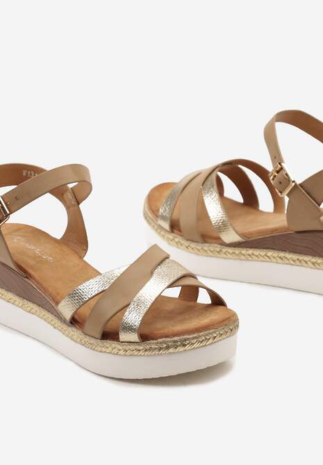 Ciemnobeżowe Casualowe Sandały na Koturnie na Plecionej Podeszwie z Ozdobnymi Paskami Zapinane Wokół Kostki Isabellane