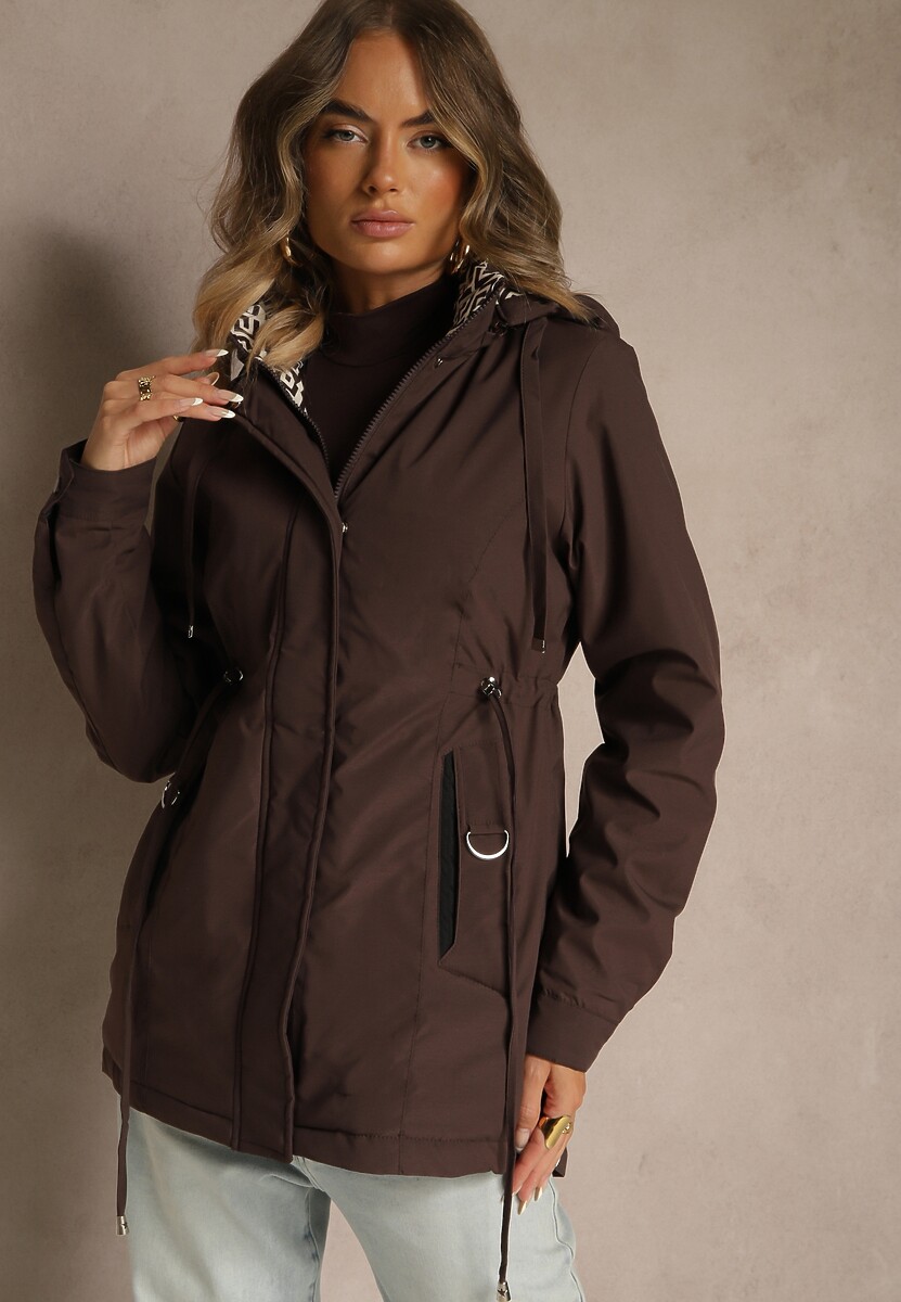 Brązowa Kurtka Parka z Kapturem w Oryginalny Wzór Wewnątrz Tiosara