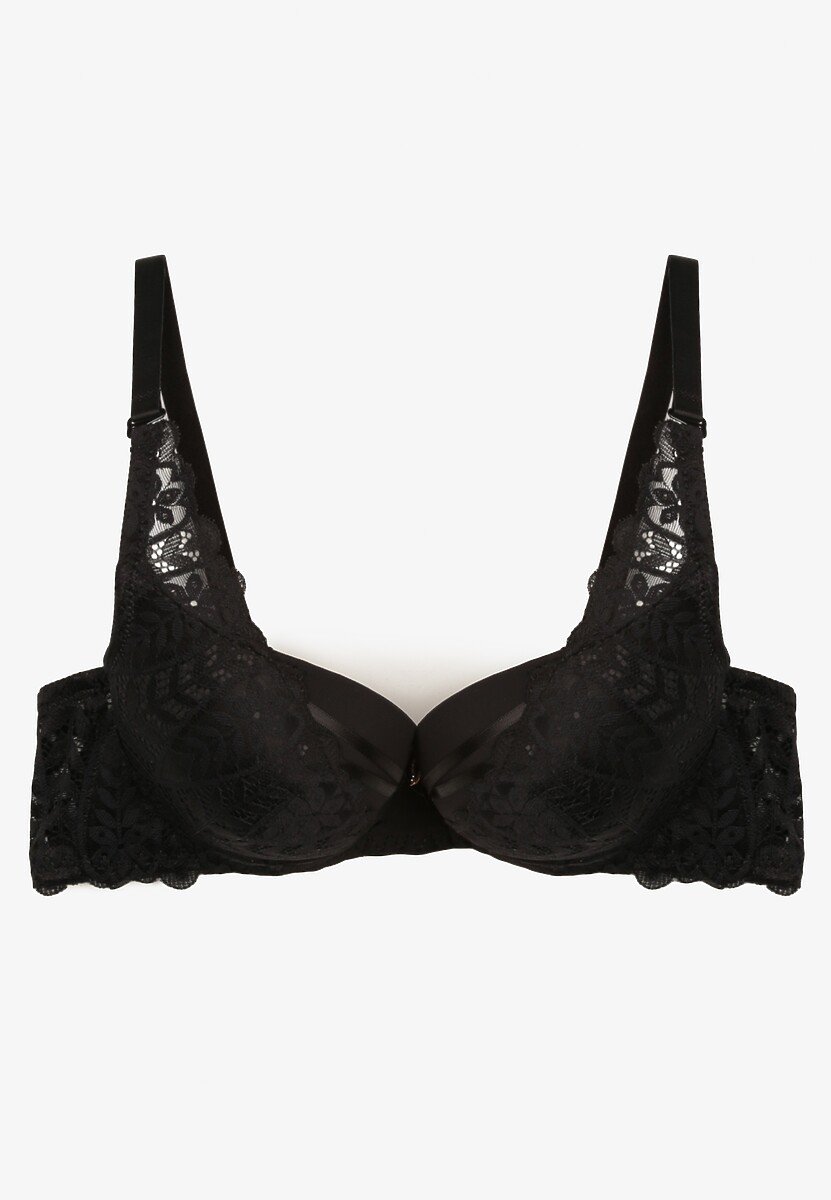 Czarny Biustonosz z Efektem Push Up Ozdobiony Koronką Ivmeria
