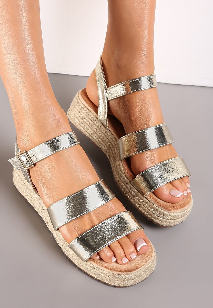 Złote Sandały na Podeszwie ze Sznurkiem i Sprzączką przy Kostce Ishita