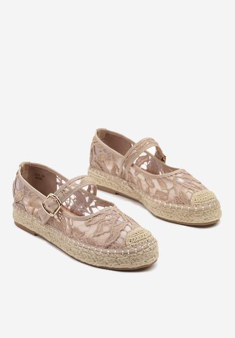 Ciemnobeżowe Espadryle na Plecionej Podeszwie z Paskiem i Koronkową Cholewką Tatonia