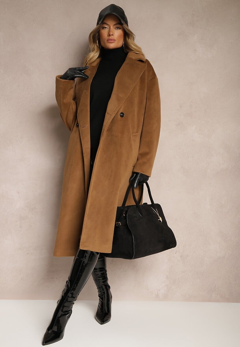 Czarny Klasyczny Płaszcz o Dwurzędowym Kroju z Kieszeniami Malwilina