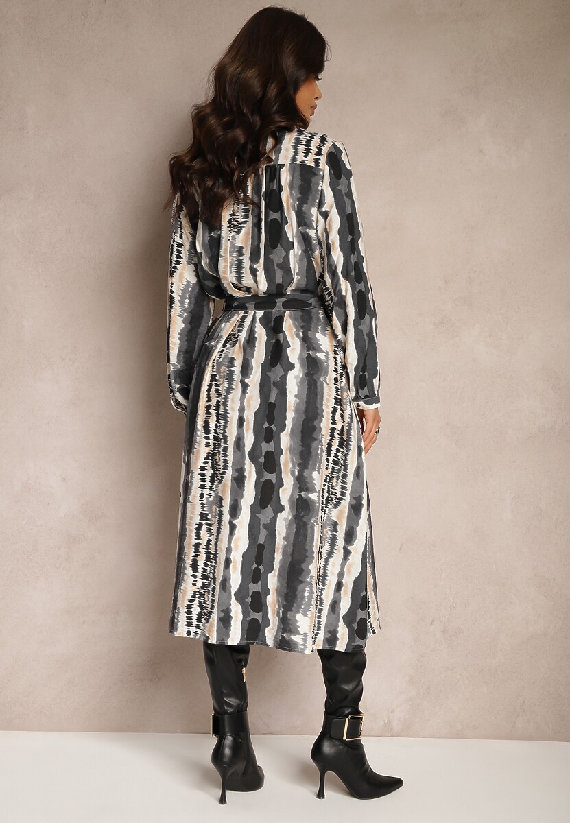 Szara Koszulowa Sukienka z Wiskozy Ozdobiona Materiałowym Paskiem Elliorwen