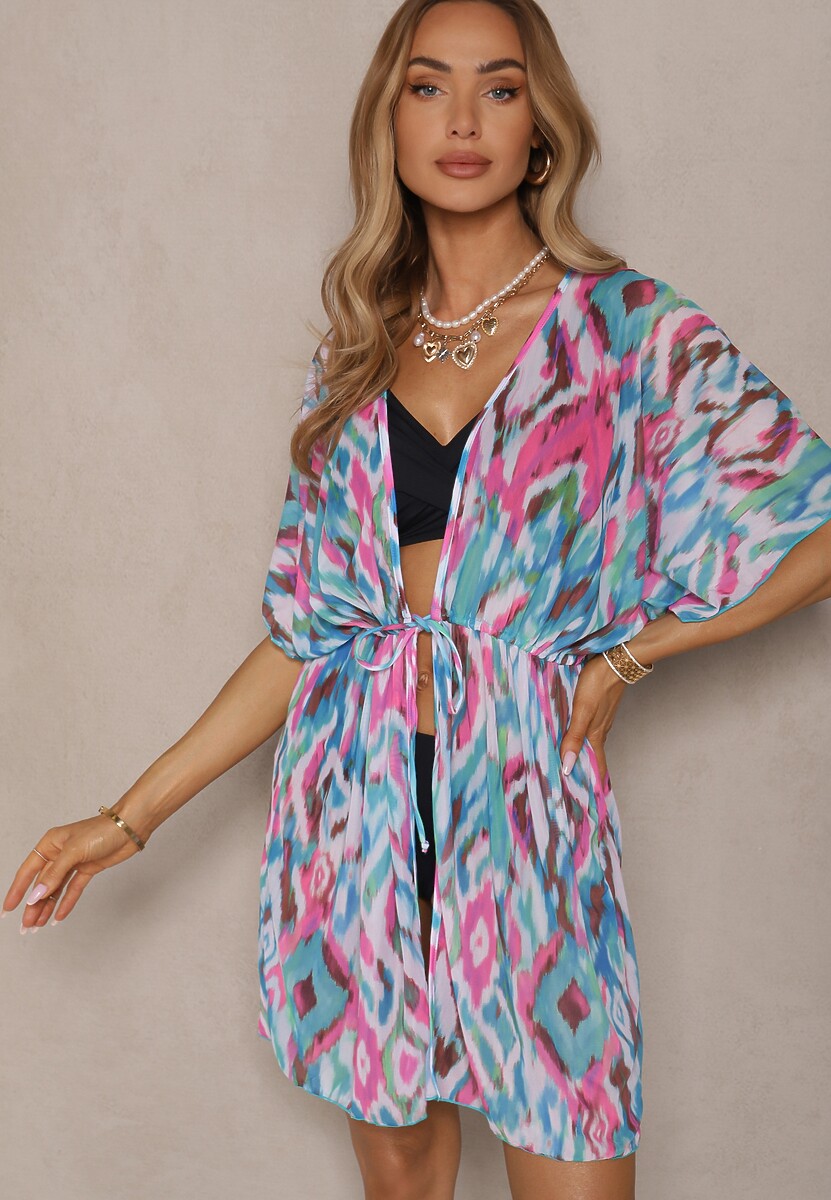 Fioletowa Siateczkowa Narzutka z Abstrakcyjnym Motywem Ozdobiona Wiązaniem Revoreia