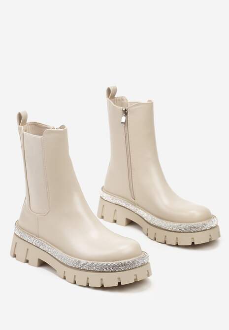Beżowe Botki Sztyblety na Tłoczonej Podeszwie z Ozdobną Cyrkoniową Wstawką Pretivra