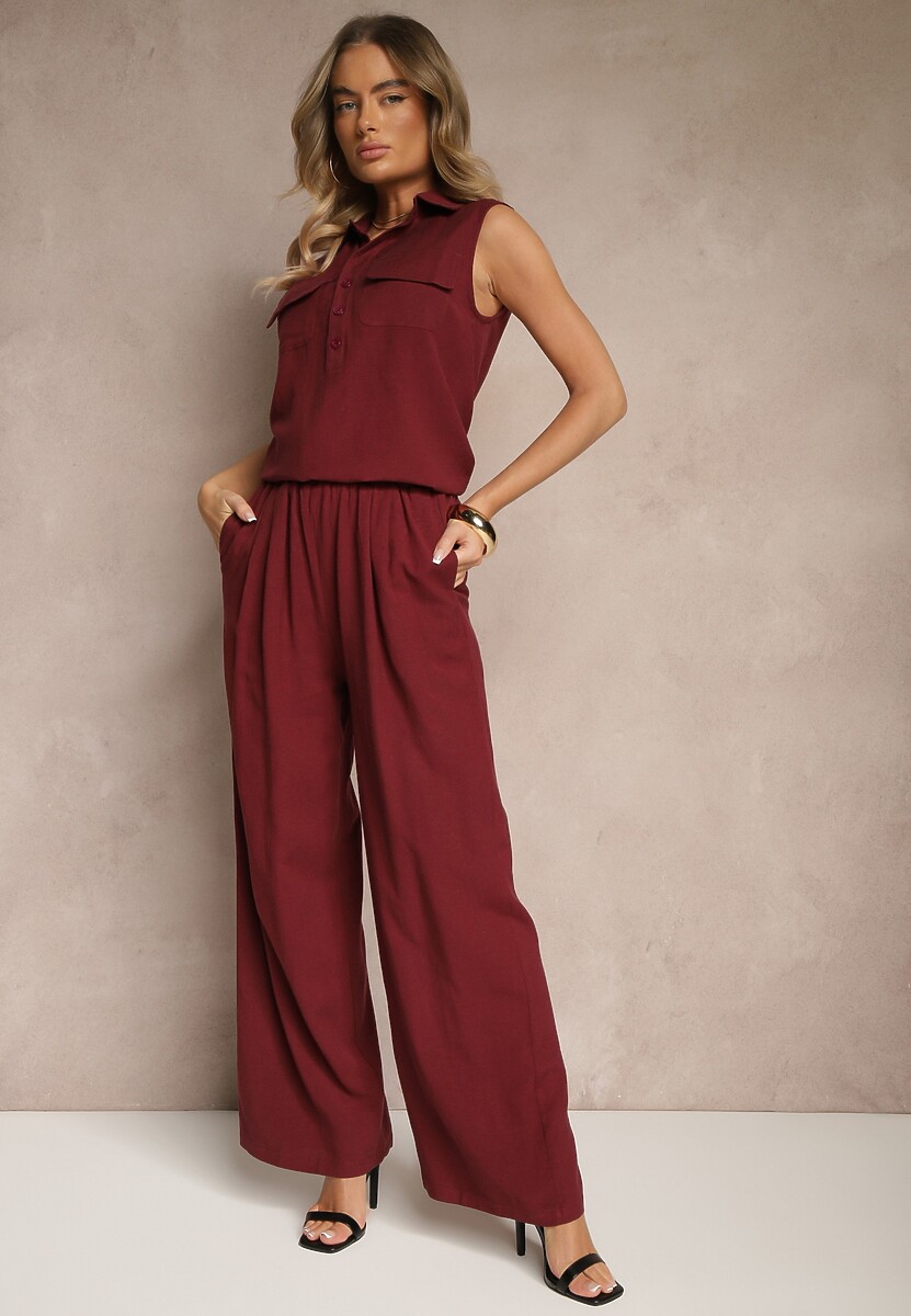 Bordowy Wiskozowy Komplet Bluzka z Kołnierzykiem i Spodnie o Szerokim Kroju Efavina