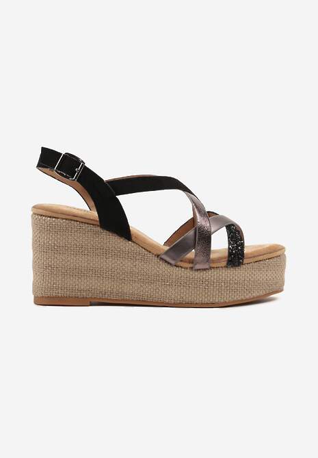 Czarne Casualowe Sandały na Koturnie w Stylu Boho z Brokatowymi Plecionymi Paskami Urani