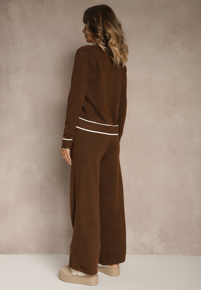 Brązowy Komplet z Dzianiny Spodnie Wide Leg i Retro Kardigan Giosila