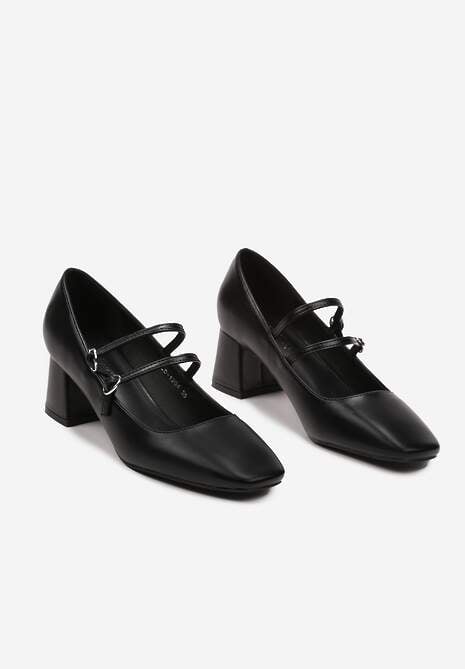 Czarne Czółenka na Niskim Obcasie z Cienkimi Paskami i Sprzączkami Fortantia