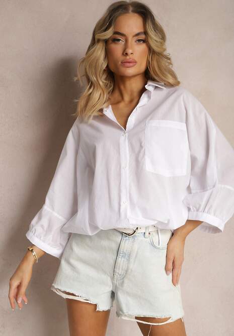 Biała Koszula z Bawełny Zapinana na Guziki z Dłuższym Tyłem i Ściągaczem Talissa
