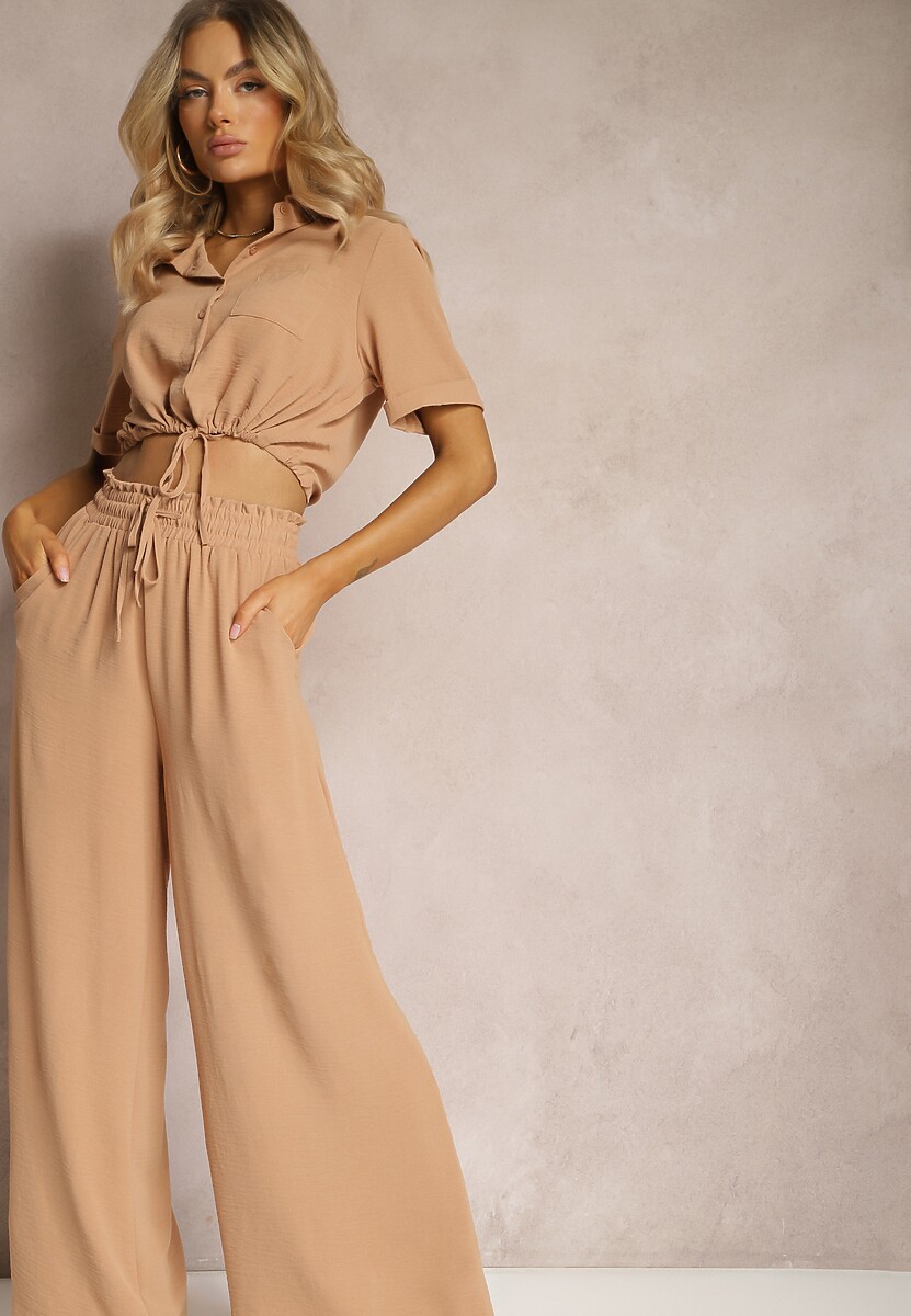 Ciemnobeżowy Dwuczęściowy Komplet Koszula z Krótkim Rękawem i Guzikami Spodnie z Gumką w Talii Zinesaa