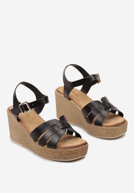 Czarne Sandały na Plecionym Koturnie i Platformie Innoma