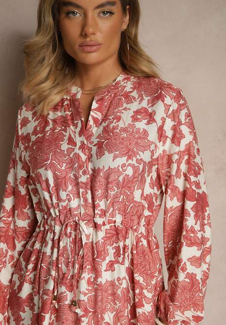 Różowa Kwiecista Sukienka z Wiskozą o Rozkloszowanym Kroju Filennea