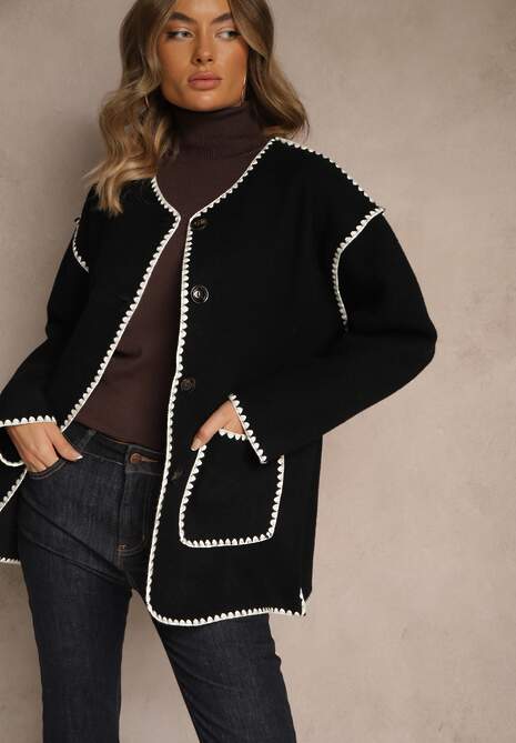 Czarna Kurtka Oversize z Szalikiem i Ozdobnymi Przeszyciami Claritila