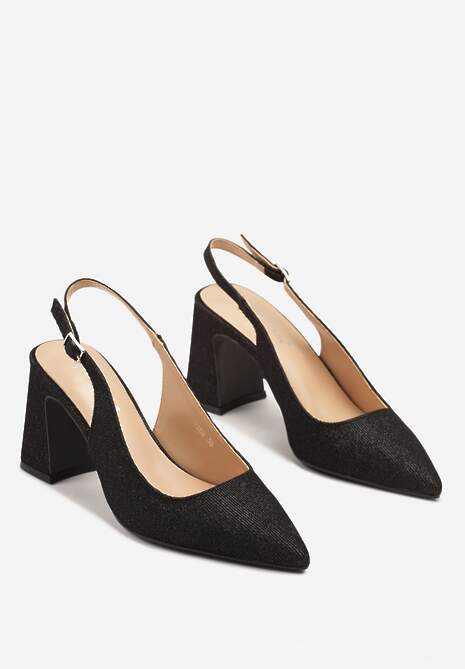 Czarne Brokatowe Sandały Czółenka na Słupkowym Obcasie ze Szpiczastym Noskiem Ninisea