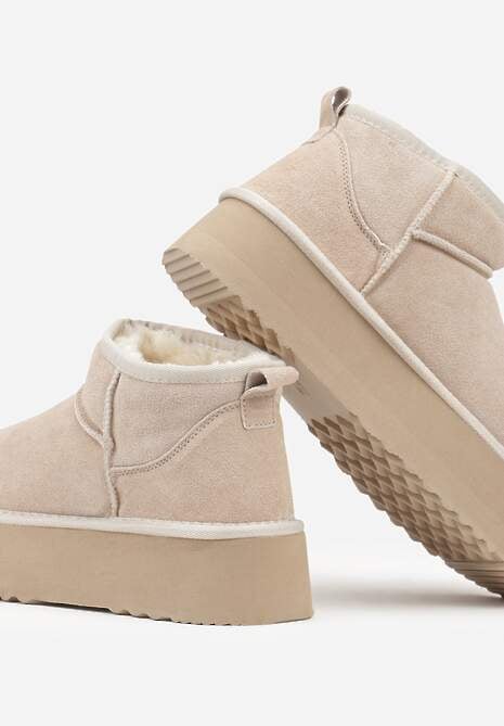 Beżowe Wsuwane Śniegowce z Zamszu Naturalnego na Grubej Podeszwie Mevilira