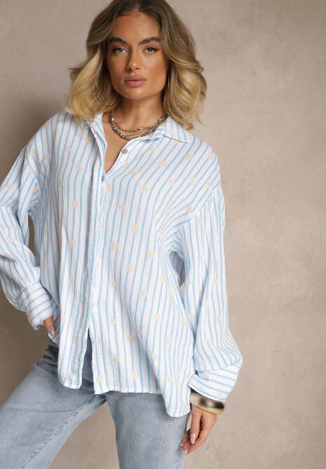 Niebieska Koszula z Bawełny w Prążki Zdobiona Kwiatowym Wzorem Apiola