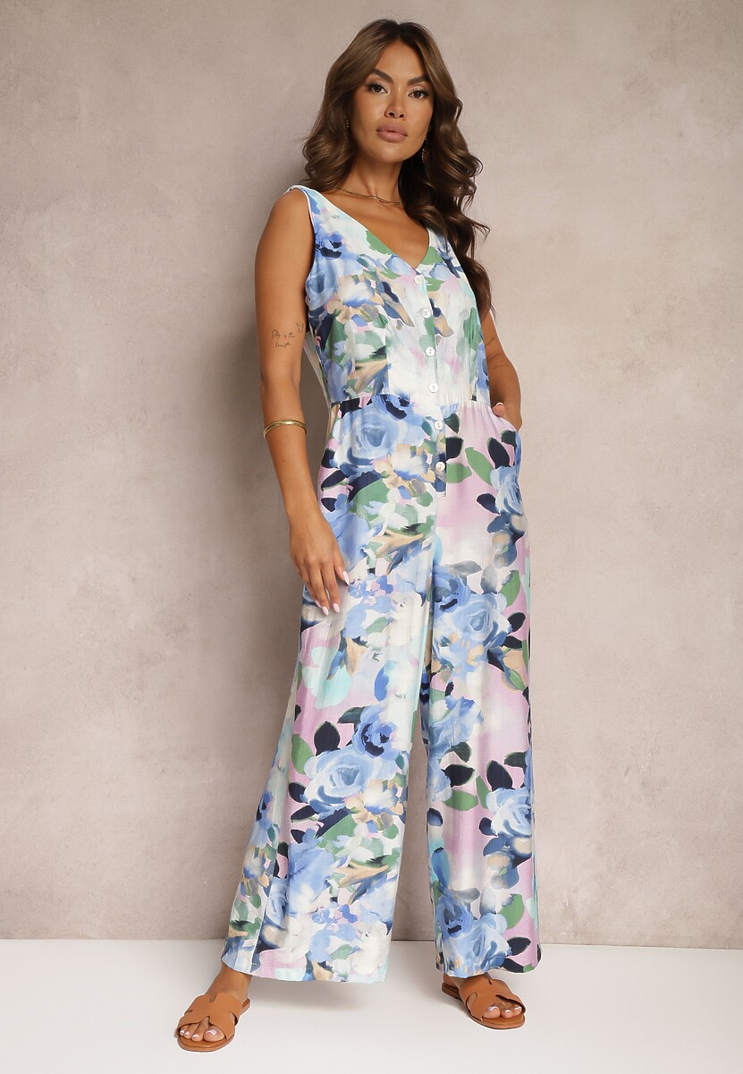 Niebieski Taliowany Kombinezon na Ramiączkach w Kwiatowy Wzór Ilvitela