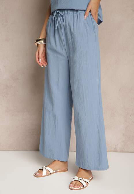 Niebieski Komplet z Bawełną i Lnem Koszulka i Szerokie Spodnie Isadell