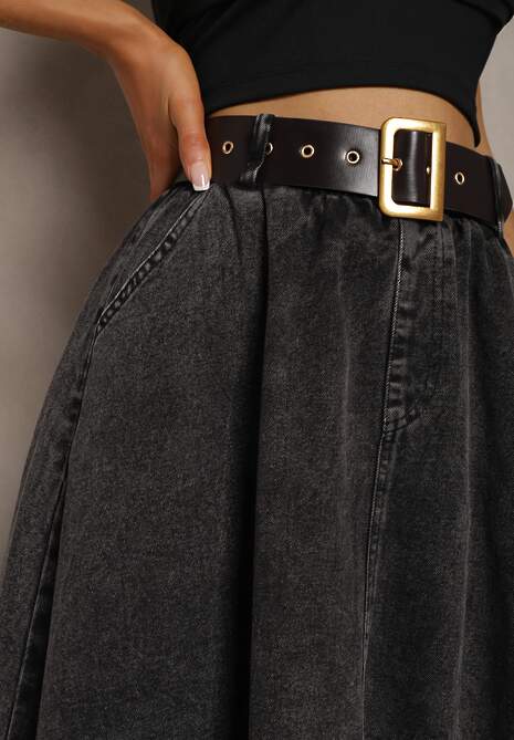 Czarna Rozkloszowana Spódnica Jeansowa Midi z Paskiem Wendlla