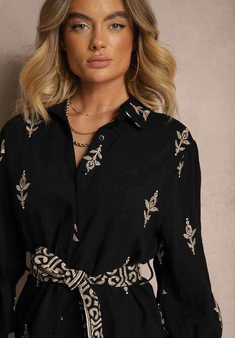 Czarna Koszulowa Sukienka w Stylu Szmizjerki z Wiskozy Wiązana w Talii Telaniwena