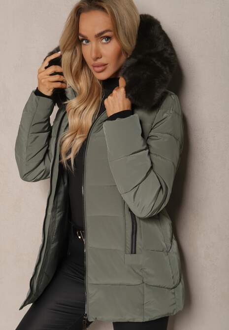 Ciemnozielona Kurtka z Pikowanymi Przeszyciami i Futrzanym Kapturem z Możliwością Odpięcia Zinriya