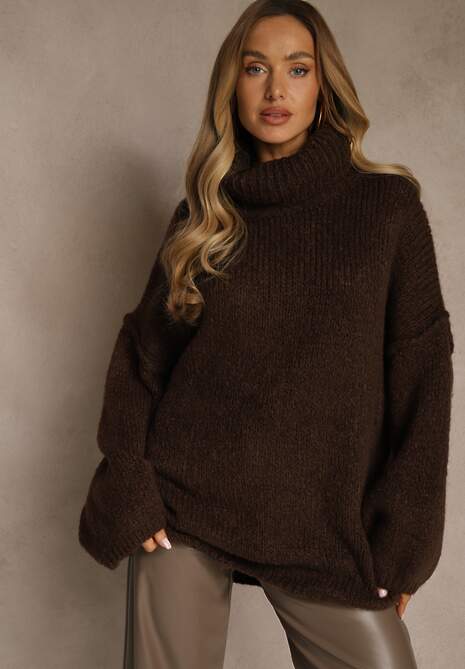 Brązowy Oversizowy Golf z Dodatkiem Wełny i Wiskozy Tenafera