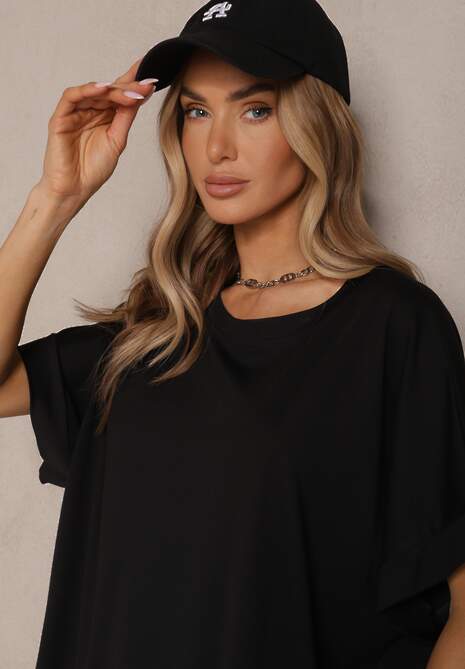 Czarny T-shirt z Wiskozą o Fasonie Nietoperza Tanalitha