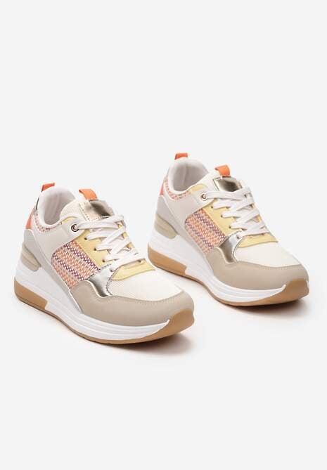Beżowo-Pomarańczowe Sneakersy z Niskim Koturnem i Ozdobnymi Wstawkami Ysabeltia