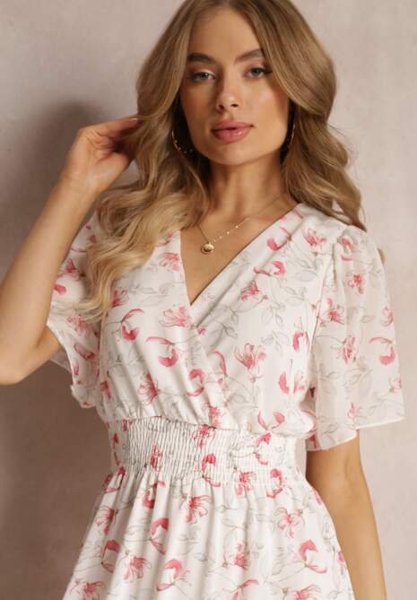 Biała Rozkloszowana Sukienka z Elastyczną Gumką w Pasie Matalie