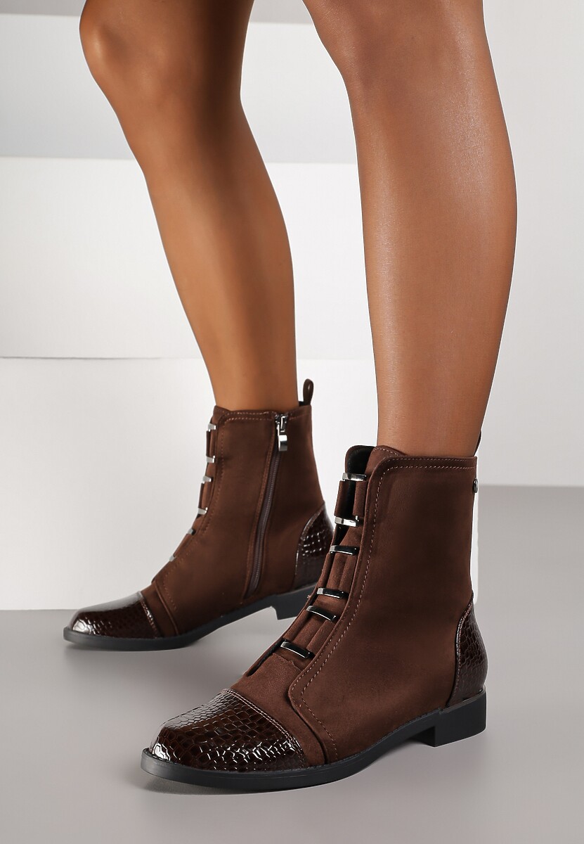 Brązowe Botki Vices Ozdobione Lakierowanymi Tłoczonymi Elementami Typu Krokodyl Olema