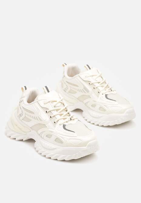 Beżowe Sneakersy na Platformie z Tłoczeniem i Siateczkowymi Wstawkami Galoria