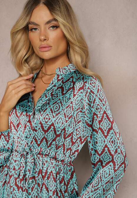 Niebieska Casualowa Sukienka ze Sznurkiem w Pasie i Falbanką Carmarie