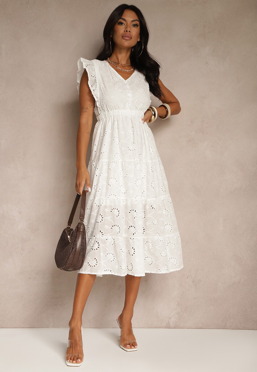 Biała Rozkloszowana Sukienka o Ażurowym Wykończeniu z Falbanką Melolia