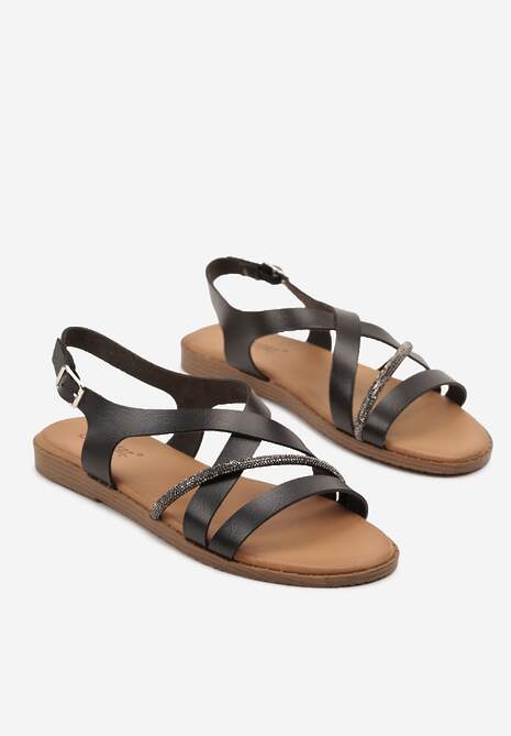 Czarne Sandały z Ozdobnymi Paskami z Cyrkoniami Nilkio