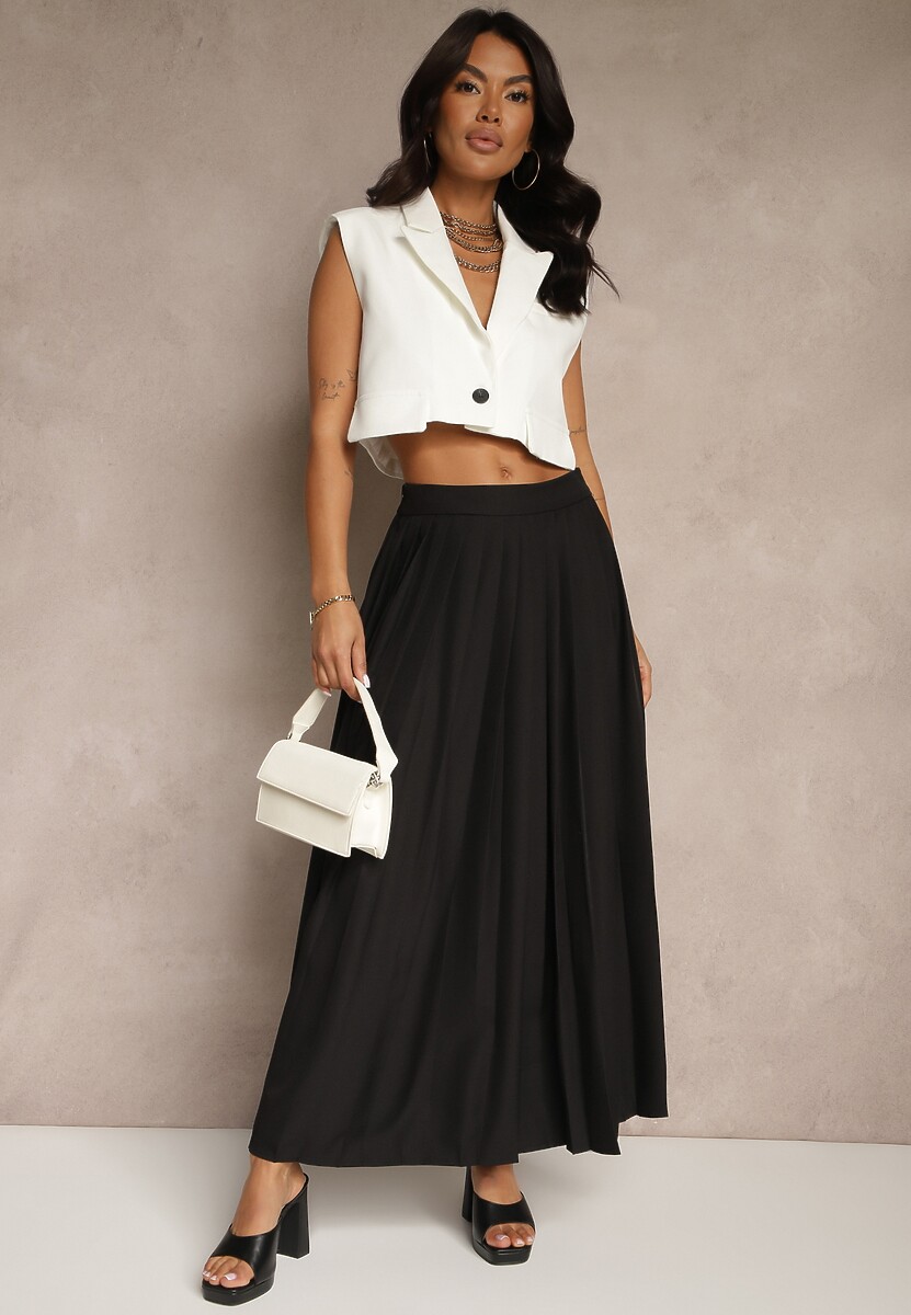 Czarna Spódnica z Plisami Wiskozowa o Rozkloszowanym Kroju Clariae