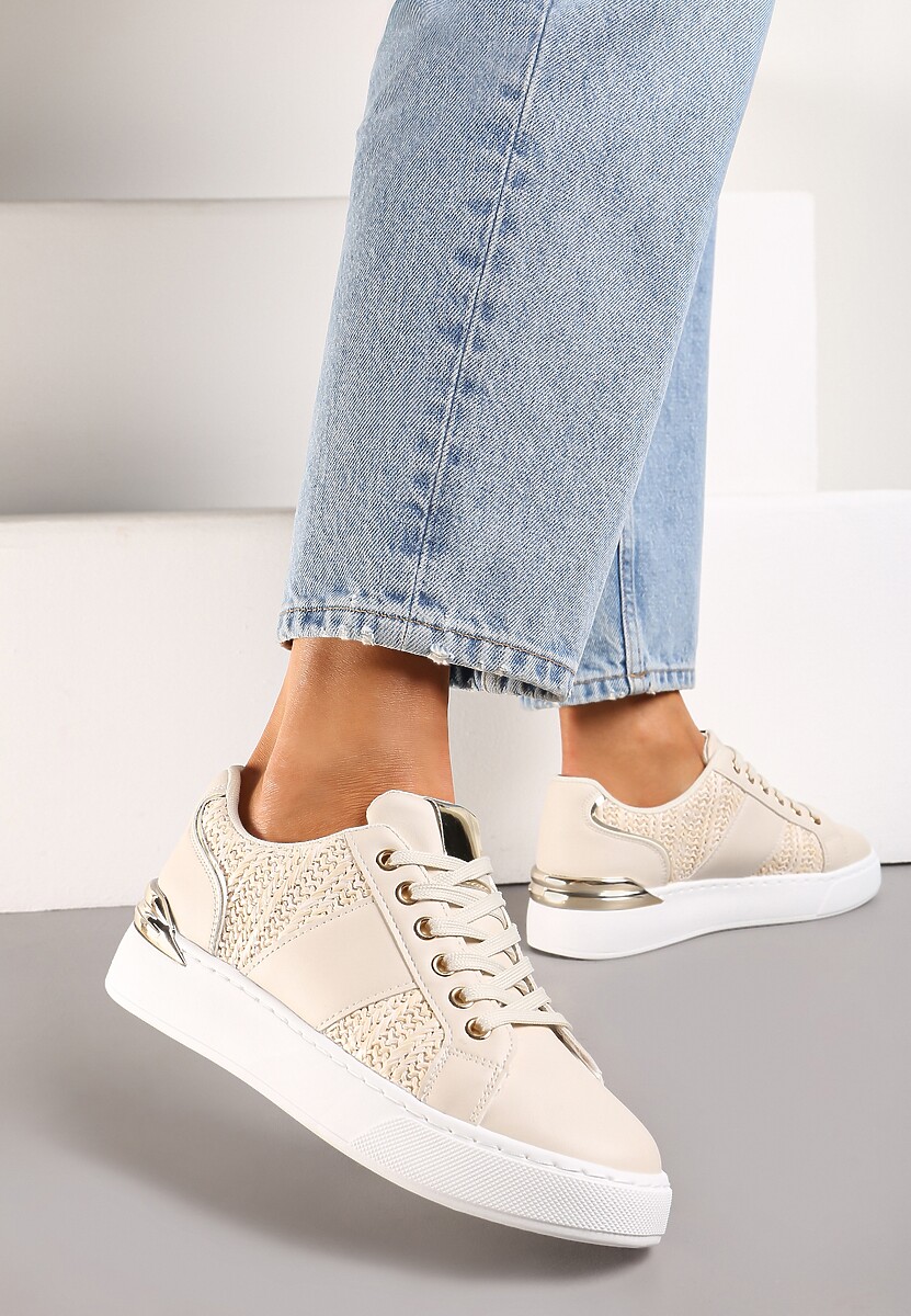 Beżowe Sznurowane Sneakersy z Ekoskóry z Plecionką i Metaliczną Wstawką Josephina